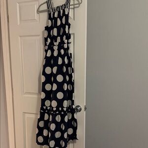 Anthropologie Navy and White Polka Dot Maxi Dress